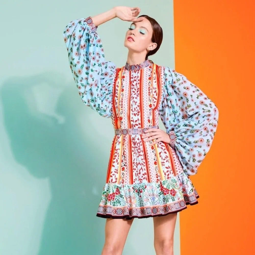 Alice + Olivia Raya Mandarin Collar Mini Dress (Sz 4) Paloma Floral Print - Picture 1 of 16